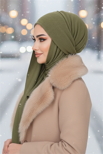 Haki Triko Kelebek Bone Şal