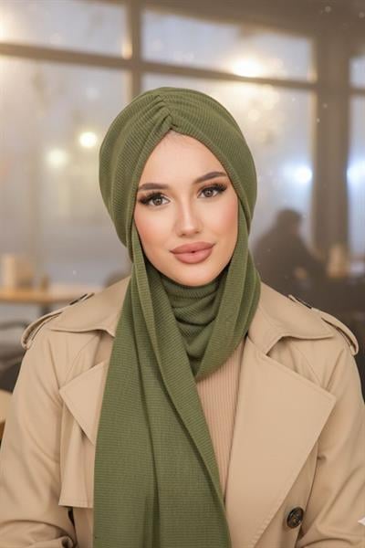 Haki Triko Kelebek Model Büzgülü Bone Şal