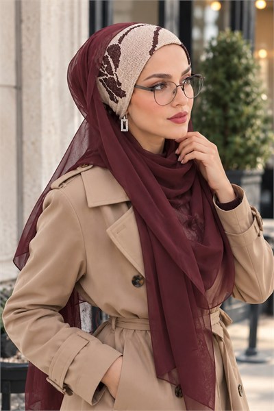 Bordo Vizon Desenli Bandana Şal / Bağcıksız Şal