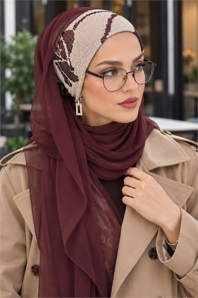 Bordo Vizon Desenli Bandana Şal / Bağcıksız Şal