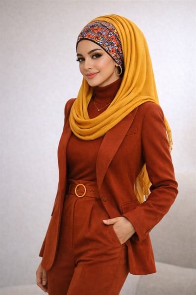 Hardal Etnik Desen Bandana Hazır Şal