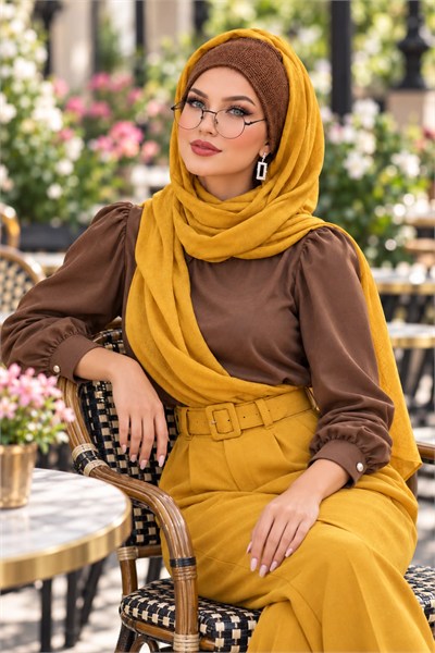 Hardal Kahverengi Triko Hazır Bandana Şal