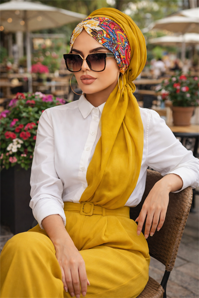 Hardal Etnik Desen Büzgülü Hazır Şal