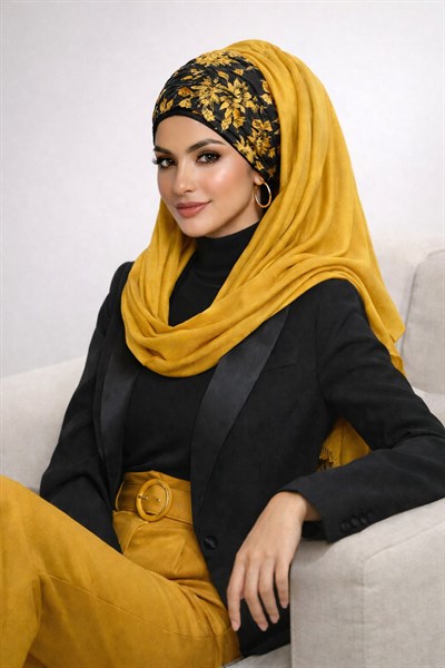 Hardal Siyah Bandana Hazır Şal