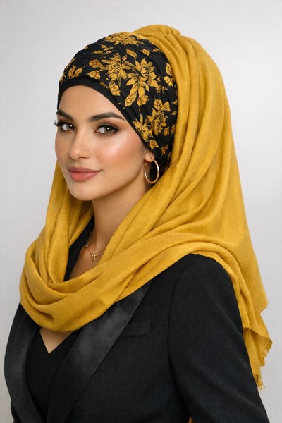 Hardal Siyah Bandana Hazır Şal