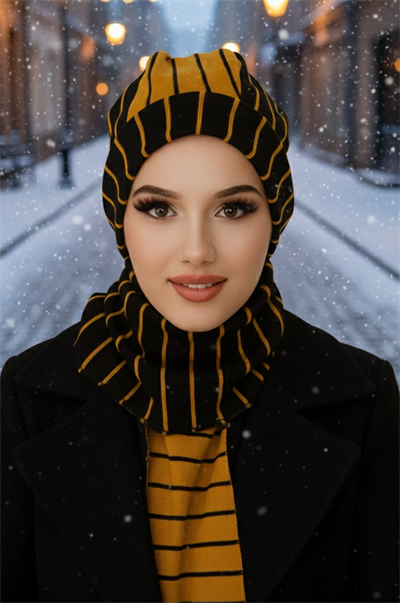 Hardal Siyah Çizgili Tesettür Bere