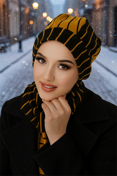 Hardal Siyah Çizgili Tesettür Bere