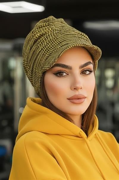 Hardal Siyah Ekose Desen Tesettür Şapka