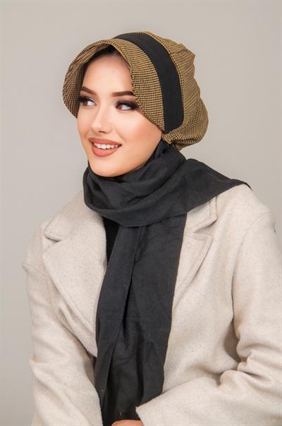 Hardal Siyah Kare Desen Tesettür Şapka