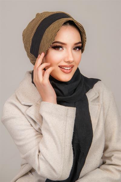 Hardal Siyah Kare Desen Tesettür Şapka