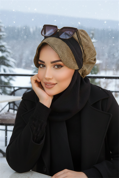 Hardal Siyah Kare Desen Tesettür Şapka