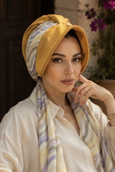 Hardal Soft Çizgi Desen Fularlı Şapka