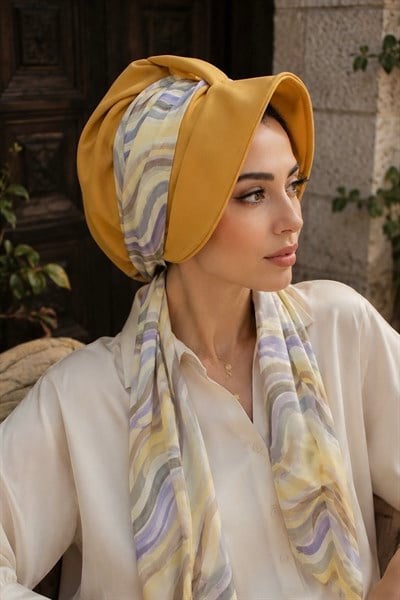 Hardal Soft Çizgi Desen Fularlı Şapka
