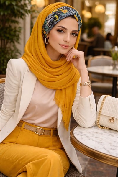 Hardal Yaprak Desen Büzgülü Hazır Şal