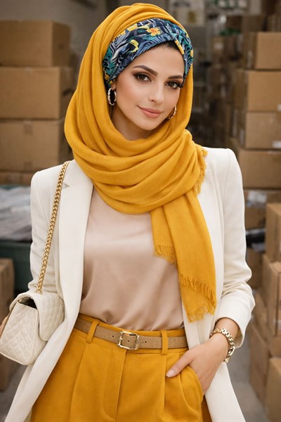 Hardal Yaprak Desen Büzgülü Hazır Şal