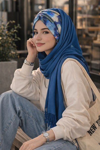 İndigo Çiçek Desen Büzgülü Hazır Şal