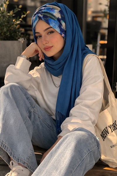 İndigo Çiçek Desen Büzgülü Hazır Şal