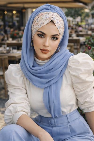 İndigo Ekru Etnik Desenli Hazır Şal