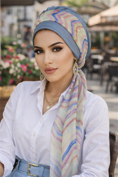 İndigo Geometrik Desen Fularlı Bone