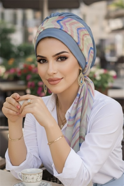 İndigo Geometrik Desen Fularlı Bone