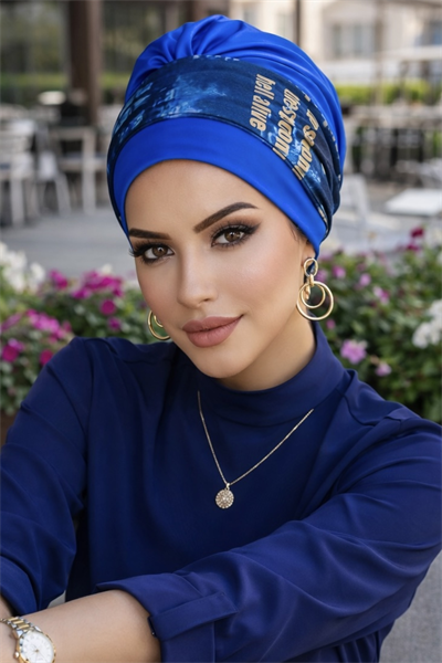 İndigo Mavi Puan Desen Bantlı Bone