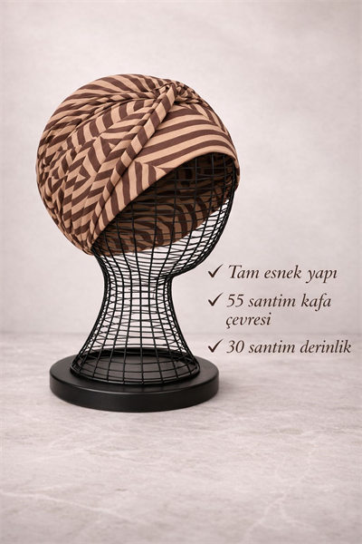 Kahve Bej Geometrik Desen Burgu Detaylı Bone