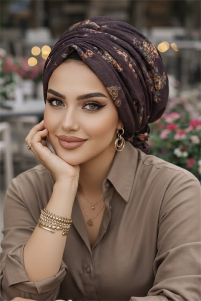 Kahve Çiçek Desen Tokalı Bone