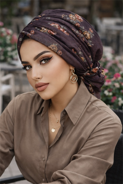 Kahve Çiçek Desen Tokalı Bone