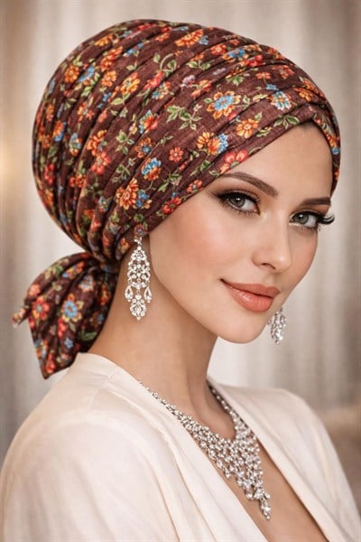 Kahve Çıtır Çiçek Desen Tokalı Bone