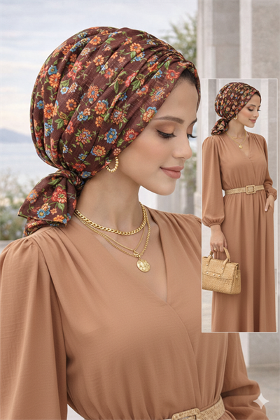 Kahve Çıtır Çiçek Desen Tokalı Bone