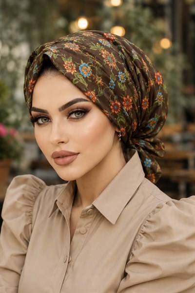 Kahve Çıtır Çiçek Desen Tokalı Bone