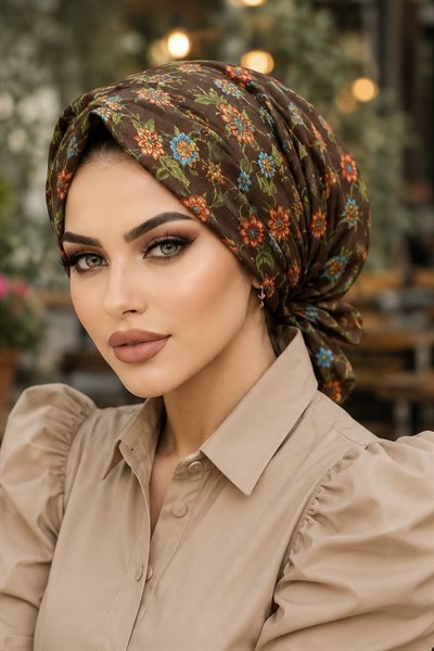 Kahve Çıtır Çiçek Desen Tokalı Bone