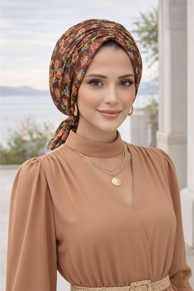 Kahve Çıtır Çiçek Desen Tokalı Bone