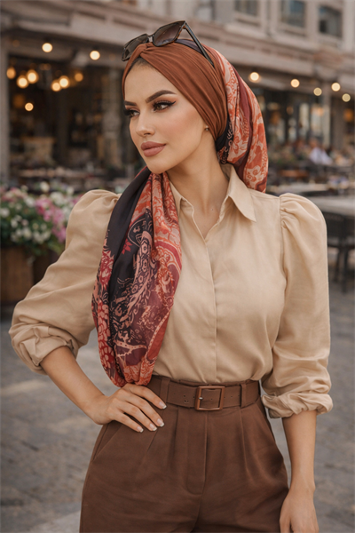 Kahve Desenli Dijital Baskı Hazır Şal