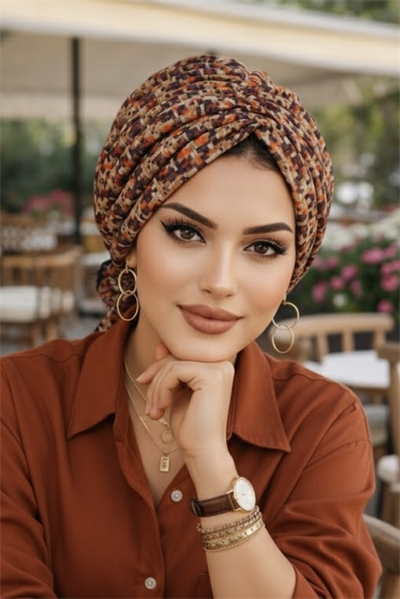 Kahve Geometrik Desen Tokalı Bone