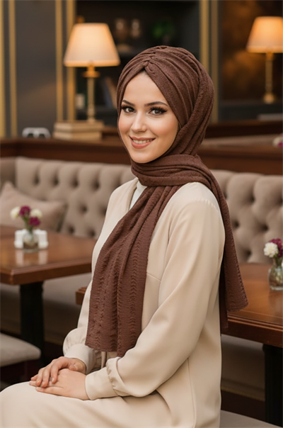 Kahve Kelebek Model Büzgülü Bone Şal
