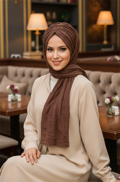 Kahve Kelebek Model Büzgülü Bone Şal