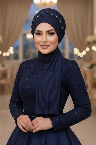Lacivert Aksesuarlı Atkılı Abiye Bone