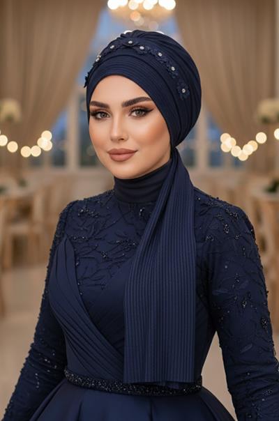 Lacivert Aksesuarlı Atkılı Abiye Bone