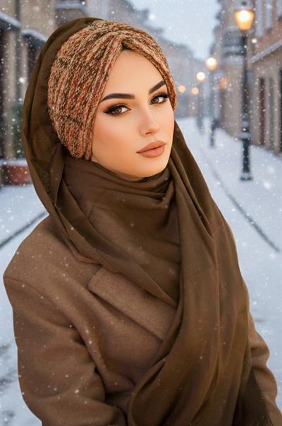Kahve Taba Desenli Kışlık Hazır Şal