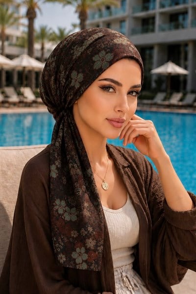 Kahve Yeşil Desenli Eşarp Bone