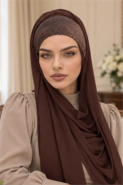 Kahverengi Bakır Işıltılı Bandana Hazır Şal