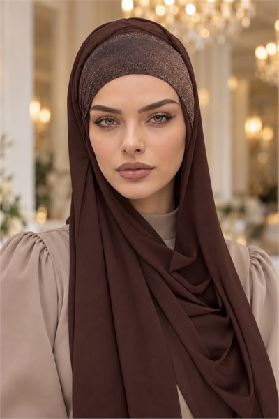 Kahverengi Bakır Işıltılı Bandana Hazır Şal