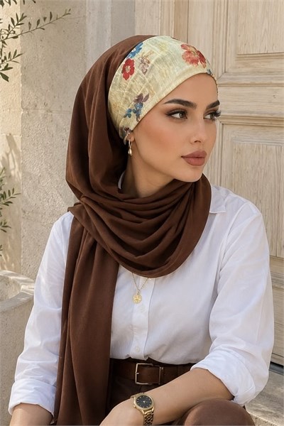 Kahverengi Çiçek Desen Bandana Şal