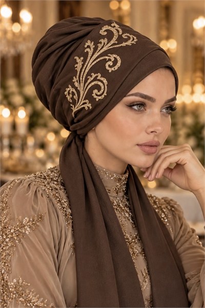 Kahverengi Gold Detaylı Atkılı Abiye Bone