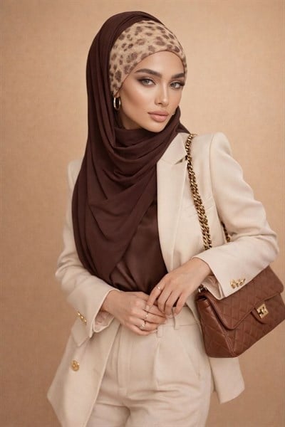 Kahverengi Leopar Desen Bandana Hazır Şal