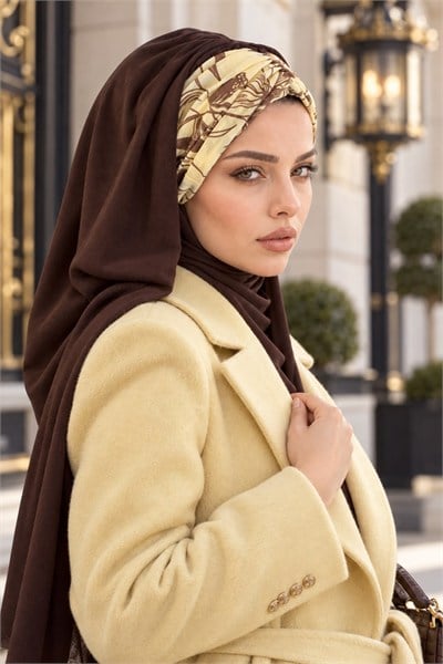 Kahverengi Tereyağ Sarısı Hazır Bandana Şal 