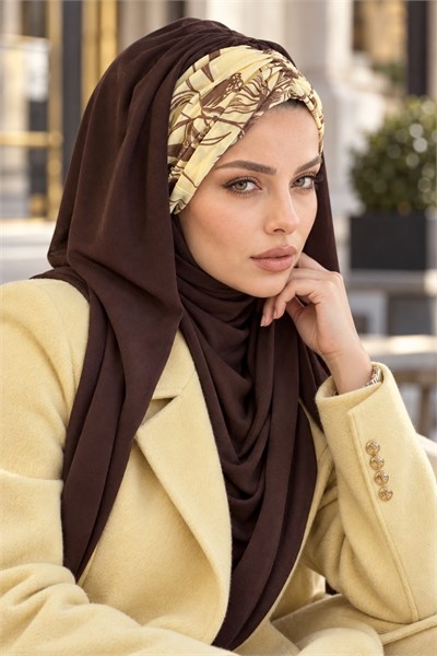Kahverengi Tereyağ Sarısı Hazır Bandana Şal 