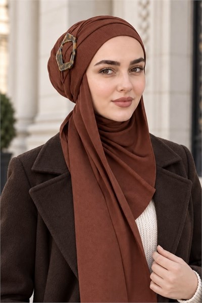 Kahverengi Toka Detaylı Kelebek Bone Şal