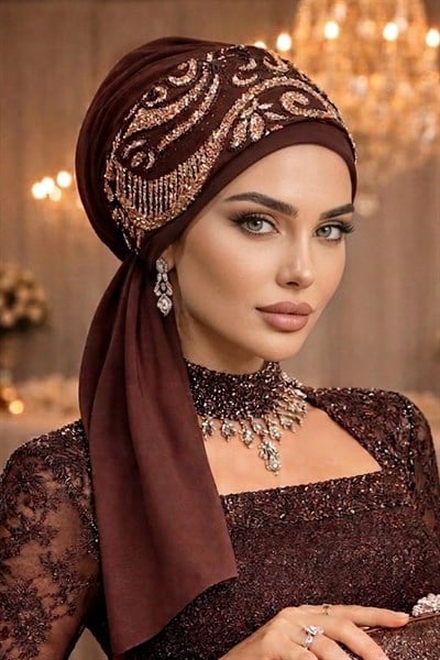 Karamel Gold Motifli Atkılı Abiye Bone